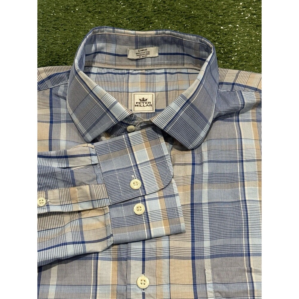 Peter Millar Dress Shirt Mens Large Blue Plaid 100% Cotton Long Sleeve Pocket